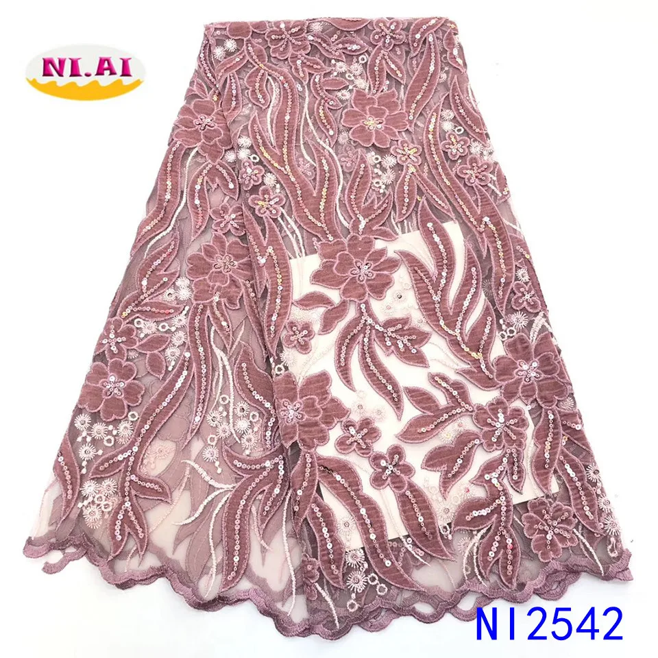 NIAI африканская кружевная ткань высокое качество кружева нигерийские кружева с блестками ткани для свадьбы Французский бархат кружевной материал NI2542-1