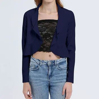 

Ladies work clothes Shirt Short Jacket Women Long Sleeve Solid Color Wavy Collar Short Tops Slim Casual Blouse 8.15