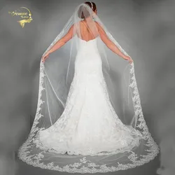 Elegant Wedding Accessories Appliques Tulle Long Cathedral Wedding Veils Lace Edge 1T Bridal Veils 3 Meters veu de noiva longo