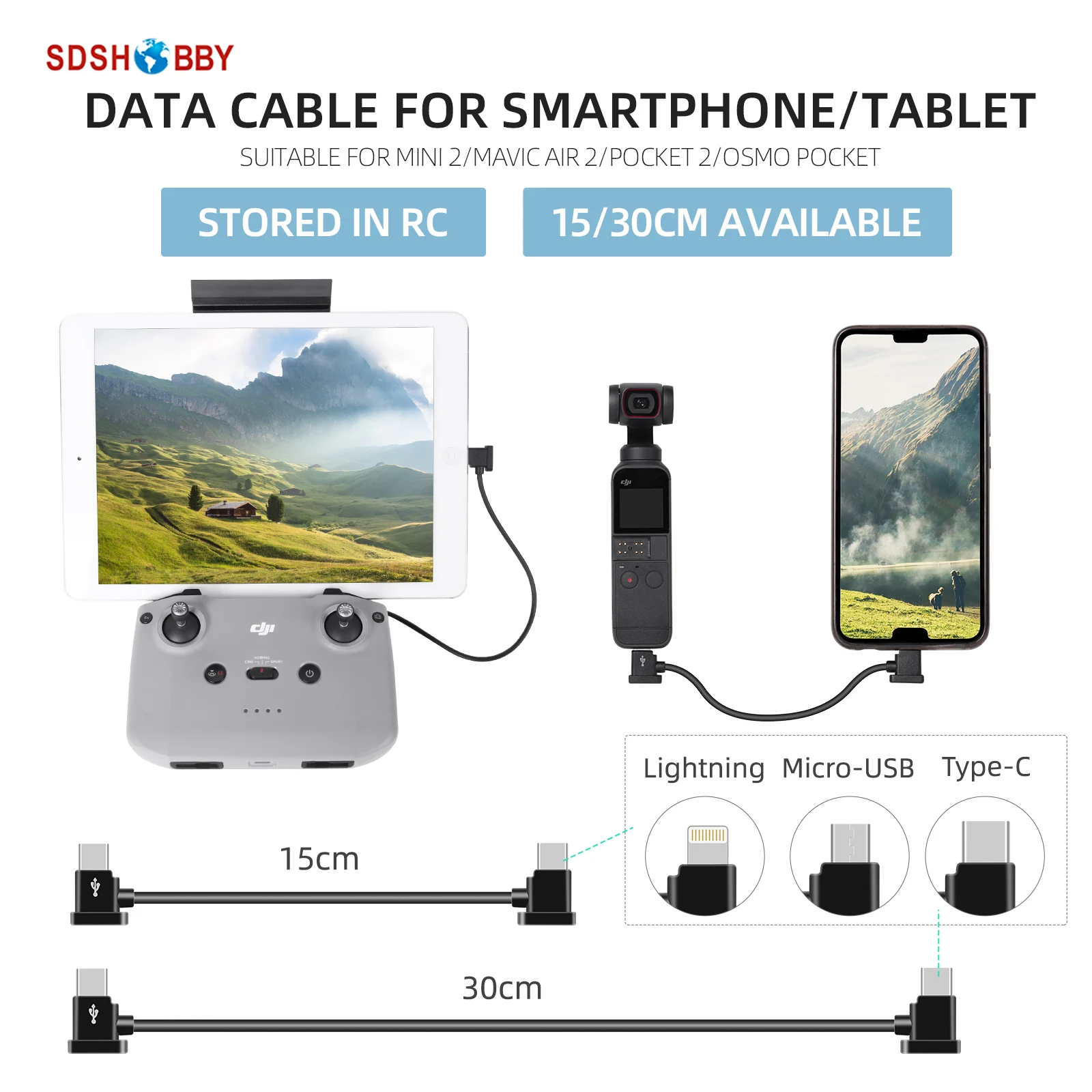 1 Pz Type-C A Lightning/Type-C/Micro-Usb Cavo Dati 15/30Cm Tablet Smartphone Per Occhiali Fpv V2/Mini 2/Pocket 2/Mavic Air 2