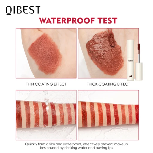 QIBEST 립글로스 8 색 누드 매트 초콜릿 립스틱 방수성 오래 지속되는 여성 레드 립 색조 벨벳 립글레이즈 화장품 4