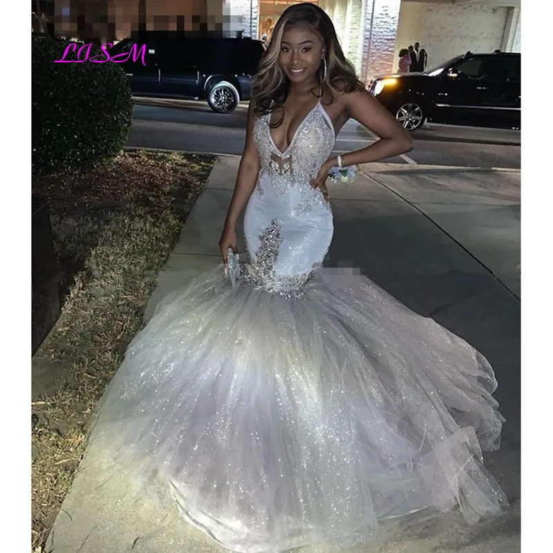 

Glitter Silver Sexy V-Neck Mermaid Prom Dresses 2020 Spaghetti Straps African Long Formal Evening Gowns Graduation Party Dresses