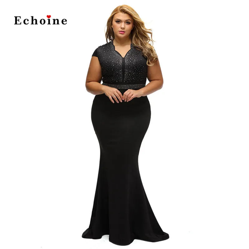 

Women Sexy Rhinestone Front Bodice Scalloped Neckline Plus Dress Bodycon Diamonds Plus Size Mermaid Floor-Length Evening Vestido