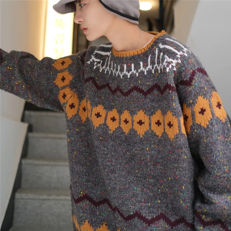 Winter Sweater Men Warm Fashion Retro Print Casual Knit Sweater Man Sweter Clothes Wild Loose Long-sleeved Pullover Men M-2XL Winter Sweater Men Warm Fashion Retro Print Casual Knit Sweater Man Sweter Clothes Wild Loose Long-sleeved Pullover Men M-2XL