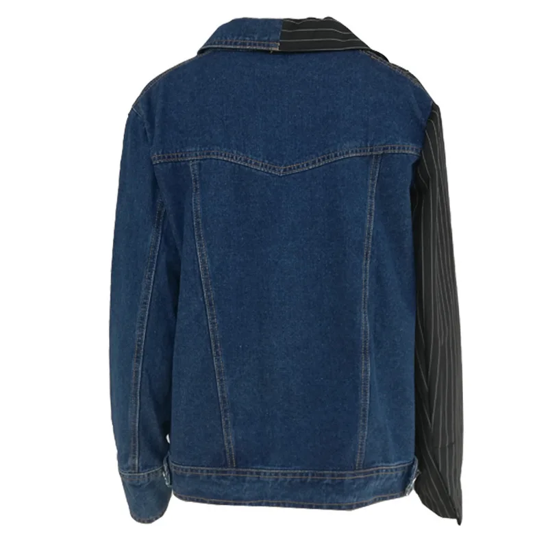 new contrast color striped patchwork denim suit female lapel long sleeve irregular loose coat
