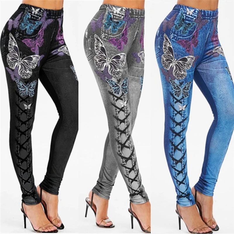 Mallas ajustadas con estampado de mariposa para mujer, pantalones vaqueros falso tejano, mallas de tubo informales de talla grande S-5XL, Leggings de Fitness