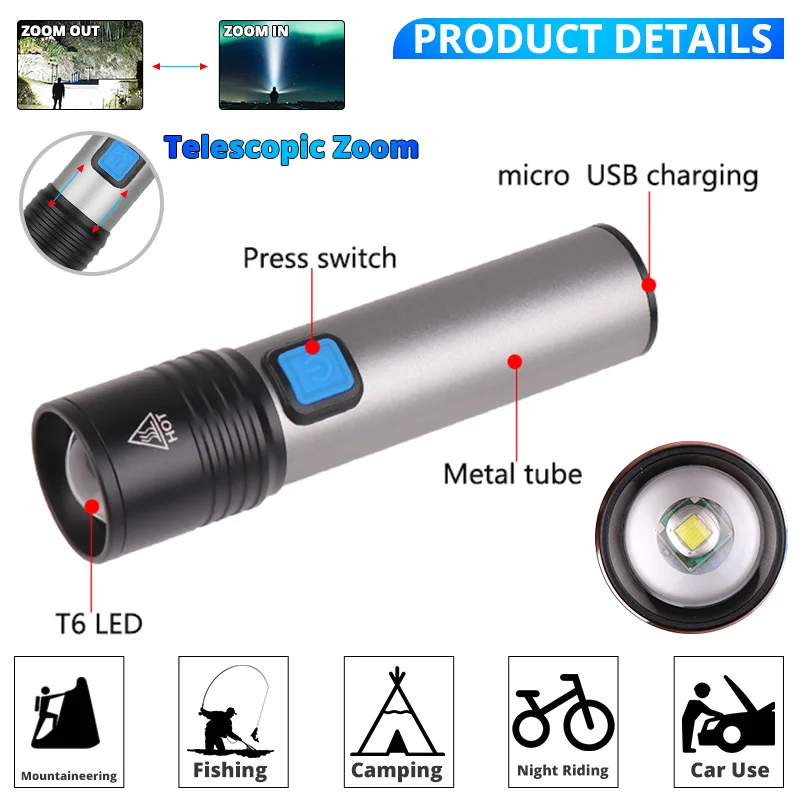 USB Перезаряжаемый T6 светодиодный светильник-вспышка, портативный Встроенный литиевый аккумулятор 1200 мАч, водонепроницаемый походный светильник, масштабируемый фонарь, выход