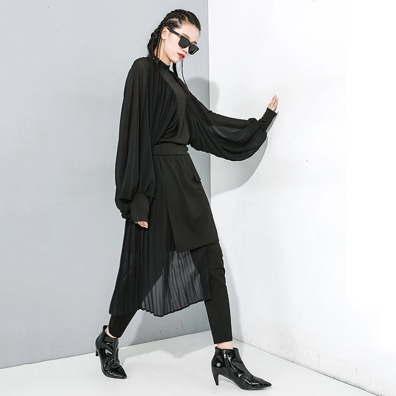 Черные симметричные плиссированные длинные брюки с высокой талией, новинка, свободные брюки для женщин, модные весенне-осенние 1898