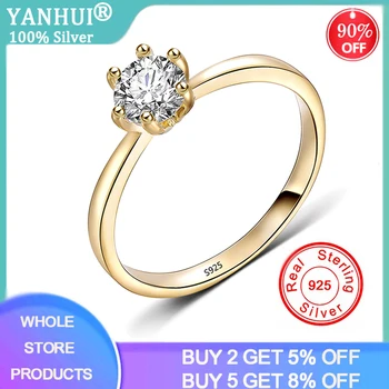 

YANHUI Hot Sale Gold Color Classic Simple Design 6 Prong Sparkling Solitaire 1ct Zirconia Forever Wedding Rings For Women R0753