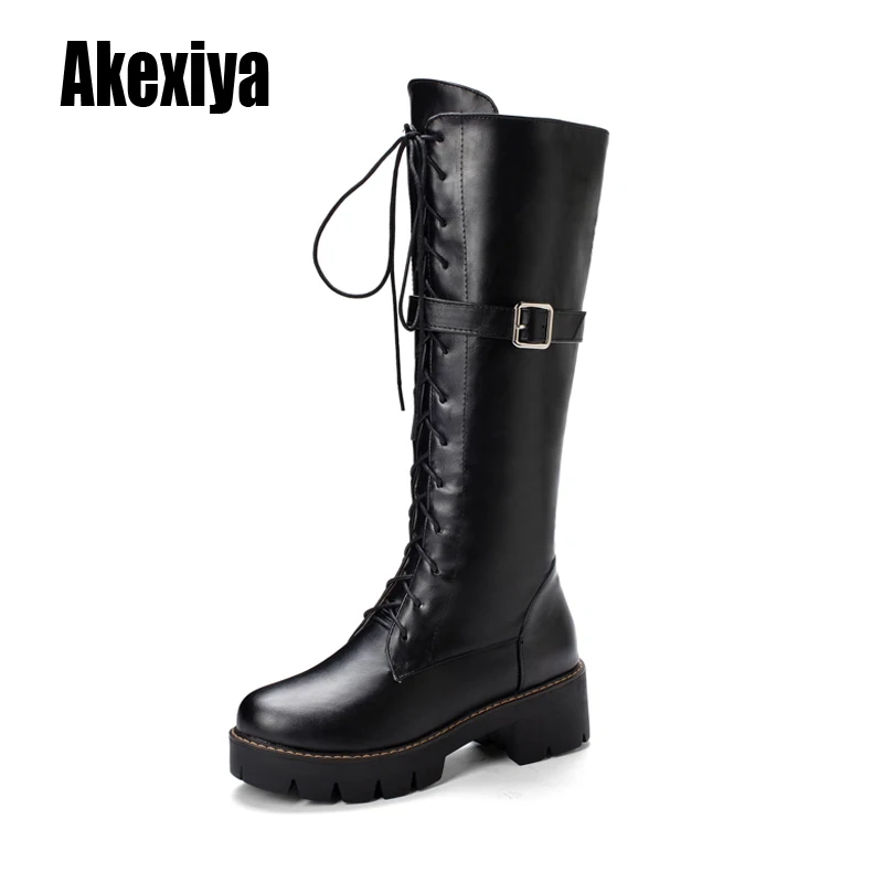 

Women winter Platform Mid Boots Female Lace Up Punk Motorcycle Boot Plus Size 34-43 Buckle Strap Zipper Ladies Low Heel k465