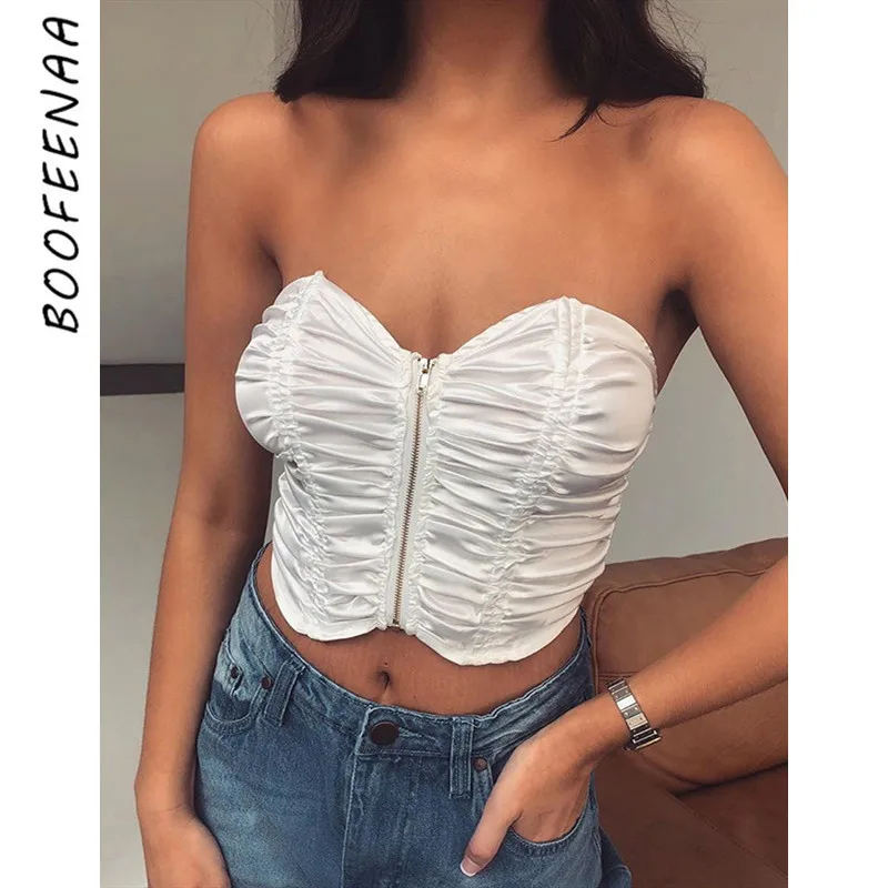 BOOFEENAA белый атлас передняя молния Ruched сексуальный укороченный топ бюстье для