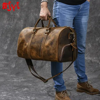 

Retro large-capacity men's handbags male crazy horse leather travel bag men shoes bag Bucket shoulder bags male luggage bag