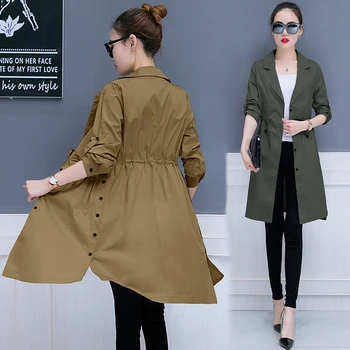 

Drawstring Women Trench coat 2019 autumn winter new long sleeved solid khaki loose office lady elegant slim outwear coat tops