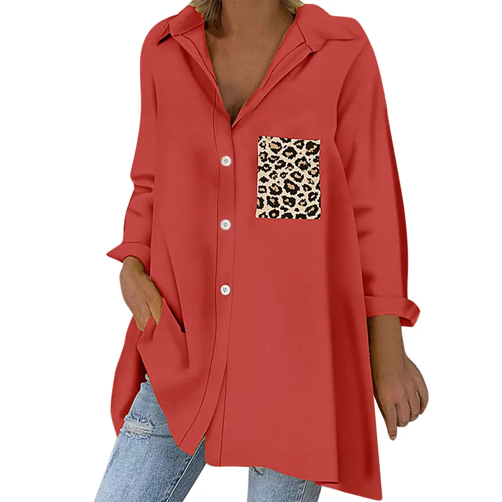 Женская блузка с леопардовым принтом размера плюс, зима-осень, рубашка на пуговицах с длинным рукавом, Повседневная Туника, топы, блузка, Roupas Feminina - Цвет: Красный