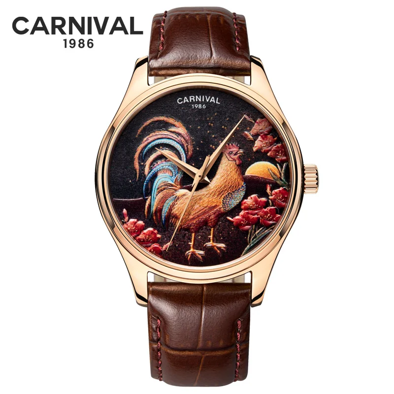 New Fashion top luxury brand CARNIVAL watches men automatic mechanical leather strap 3D cock dial clock MIYOTA movement relogio - Цвет: Коричневый