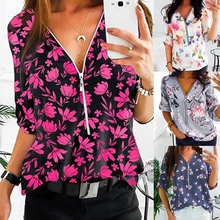 Женская рубашка для йоги с цветочным принтом, короткий рукав, ретрорубашка, Женская мода, повседневный Топ, Сексуальная рубашка с v-образным вырезом на молнии, модная верхняя одежда