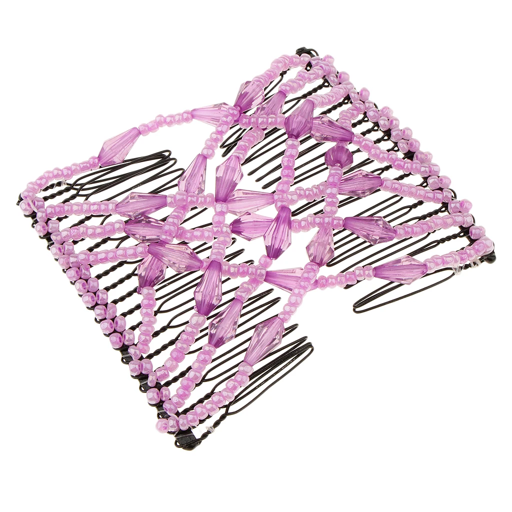 Elegant Women Bow Double Hair Comb Elastic Magic Acrylic Beads Clip Hairstyle Accessory