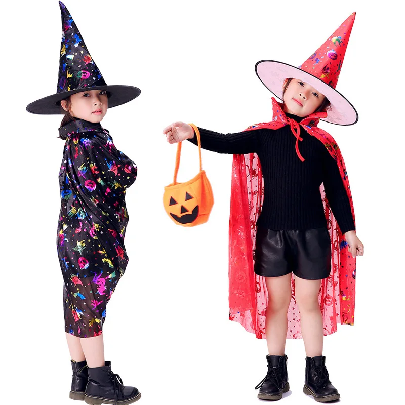 Kids Happy colorful Halloween princess Costume Set Wizard Witch Cloak Cape Robe and Hat for Boy Girl