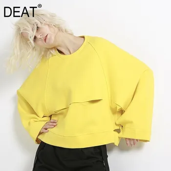 

DEAT 2020 New Spring Round Neck Long Sleeve Yellow Hollow Out Stitching Big Size Sweatshirt Women Fashion Tide JH357