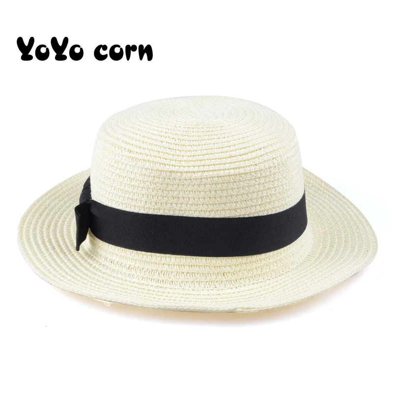 YOYOCORN, простая летняя пляжная шляпа для родителей и детей, Женская Повседневная Панама, женская брендовая шляпа, плоский бант края, соломенная кепка, шляпа от солнца для девочек