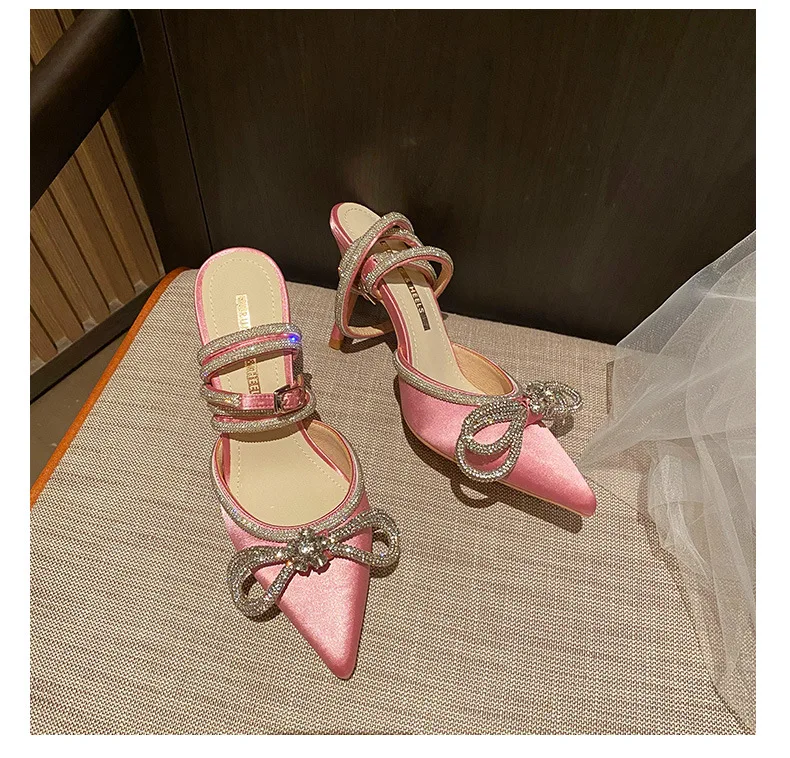 Fashion Style Glitter Rhinestones Women Pumps Crystal Bow 8 Cm Summer Lady Shoes Genuine Leather High Heels Party Prom Shoes