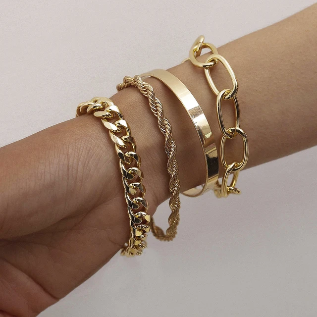 Punk Curb Cuban Chain Bracelets Set for Women Multilayer Miami Boho Thick Gold Color Charm Bracelets Bangles Fashion Jewelry Hot Stamping