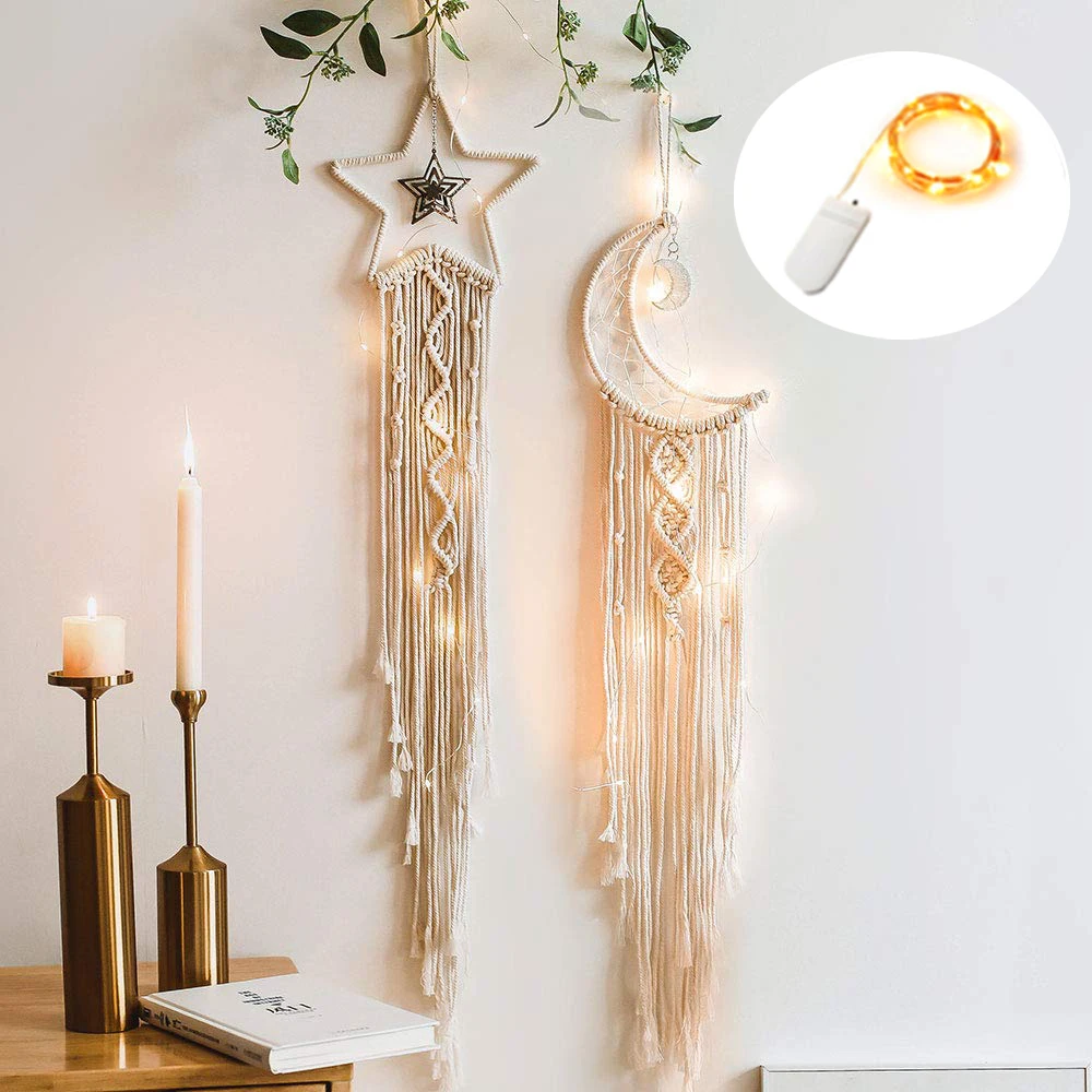 Star Moon Macrame Dream Catcher Boho Home Wall Decor Girls Kids Nursery Garden Decoration Outdoor Gifts With Light