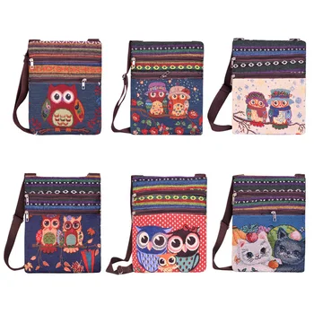 

2020 New Vintage Women Small Bags Cartoon Owl Print Shoulder Messenger Bags Canvas National Double Zipper Mini Flap Bag Woman