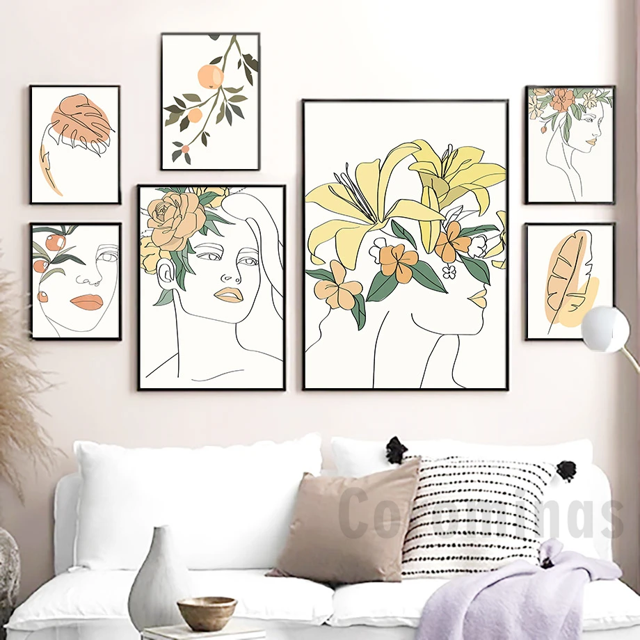 

Abstract Girl Line Drawing Nordic Posters And Prints Modern Canvas Painting Art Yellow Girl Leaf Wall Picture Bedroom Home Decor