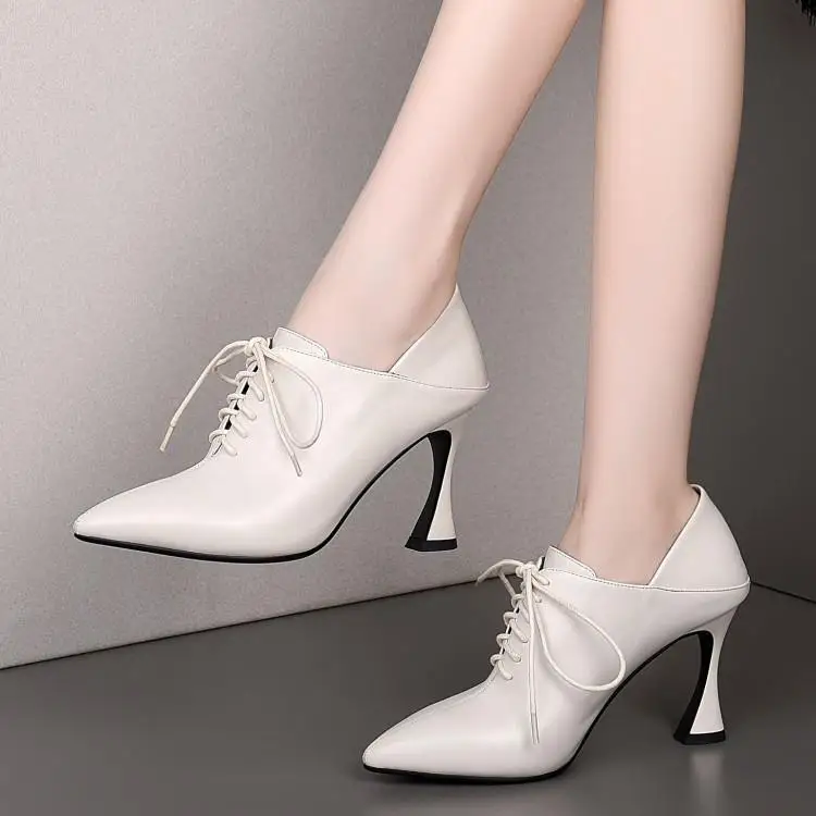

Korean version of deep lace-up shoes women's thin heel high heel spring and autumn first layer cowhide 8.5cm