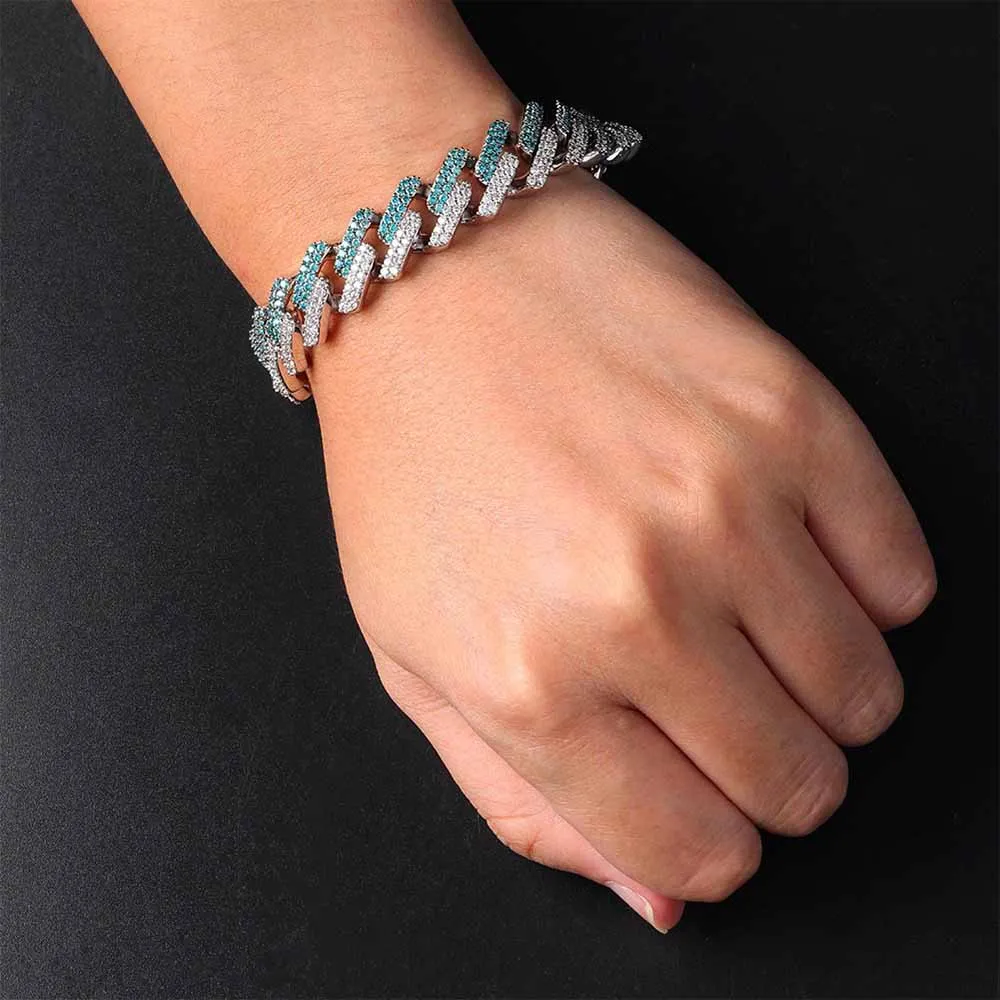 

New 14mm Iced Out Flooded Mint Blue CZ Miami Cuban Chain Young Dolph Blue Cubic Zirconia Bracelet Hip Hop Jewelry Gift