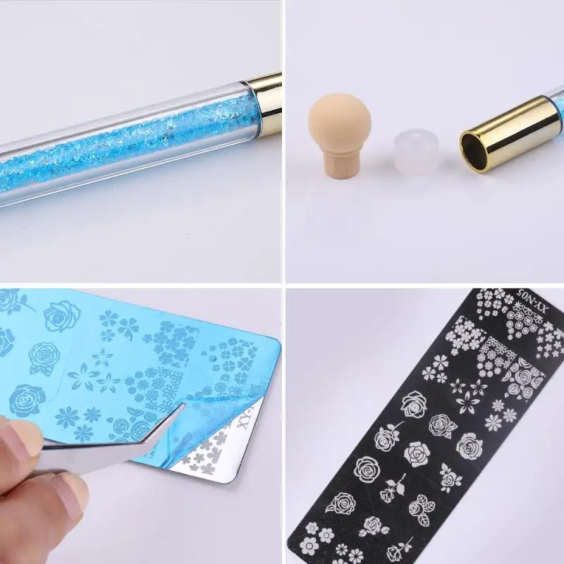 3PCS/Set Sponge Head Nail Pen Silicone Stamper Printing Templates Nail Pen Brush Glitter Powder Handle Random Pattern TSLM1