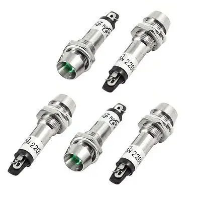 

AC 220V 2 Pins 8mm Threaded Green LED Light Signal Indicator Lamp 5 Pcs