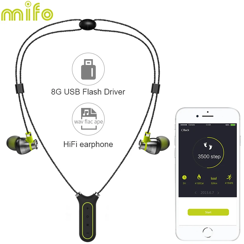Mifo I2 Bluetooth шейные наушники Встроенный 16 Гб Mp3 Беспроводные Наушники плеер IPX8 водонепроницаемые спортивные наушники с микрофоном