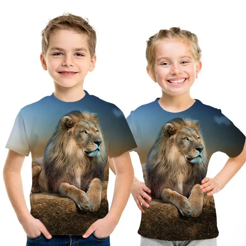 Camiseta de manga corta con estampado de lobo de leopardo de manga corta para nios y nias con estampado 3D De Len animal