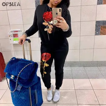 

Opslea African Embroidery Clothes For Women Dashiki New Beading Sequined High Elastic Bazin Pants Suits Autumn Lady Sports Suit