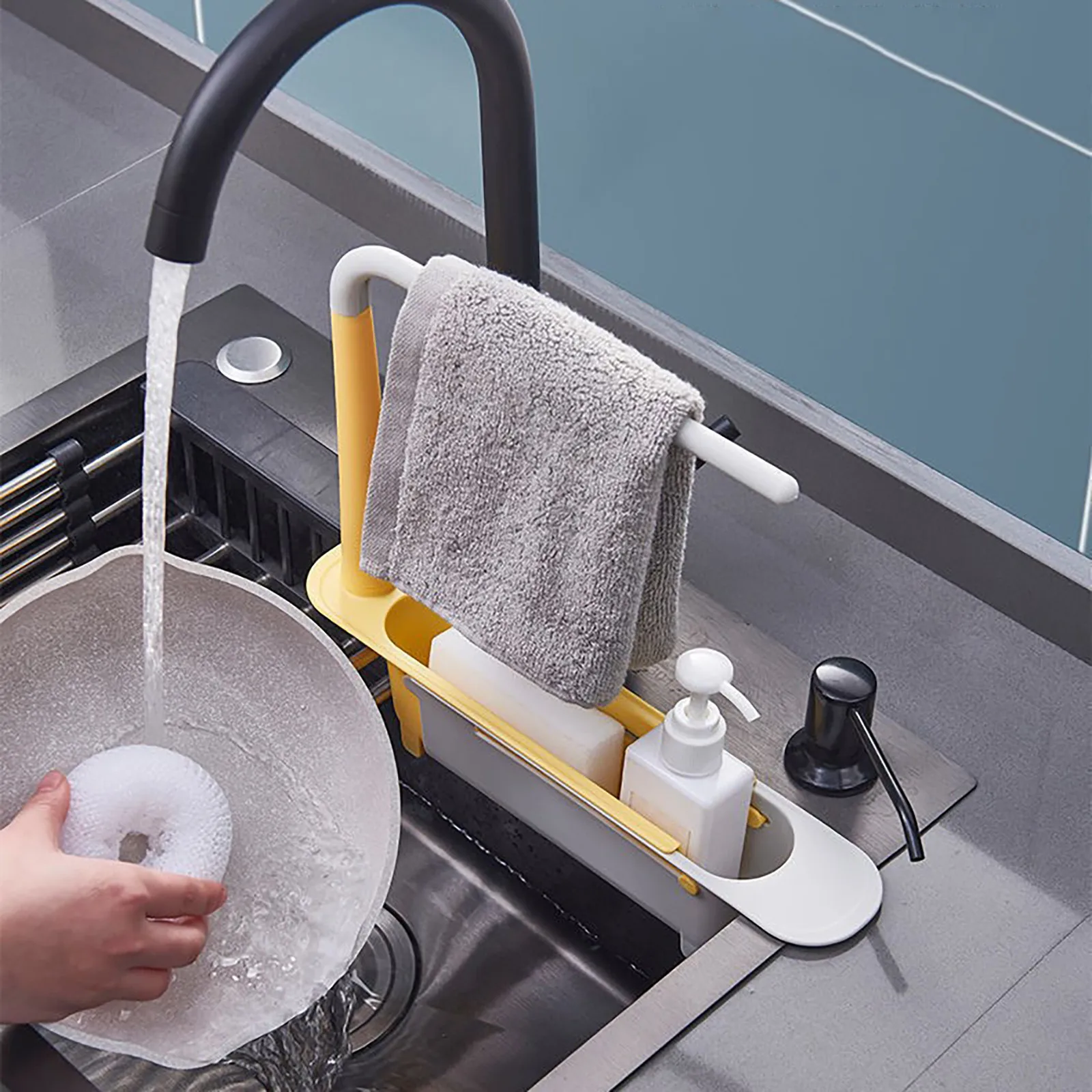 Ripiano telescopico per lavello, organizer per lavelli da cucina, porta sapone e spugna, cestello portaoggetti per lavello, accessori per utensili da cucina_voghion.com