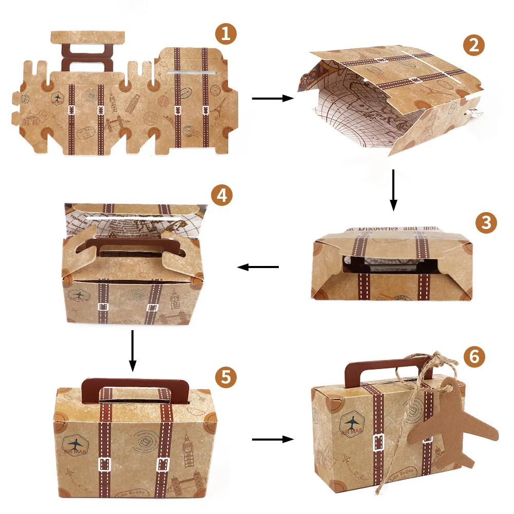 Mini maleta de Papel Kraft con temática de viaje, caja de regalo para  dulces, recuerdos de fiesta de boda para invitados, suministros para fiesta  de cumpleaños y Baby Shower - AliExpress Hogar