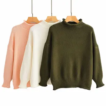 

2019 Autumn Woman Knitted lady sweater Solid Loose Turtleneck sweater