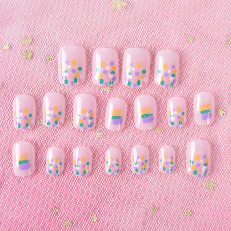 24Pcs Rainbow Dot Pattern Fake Nails False Nail Tips Manicure Children Nail DIY Nail Toy Creative