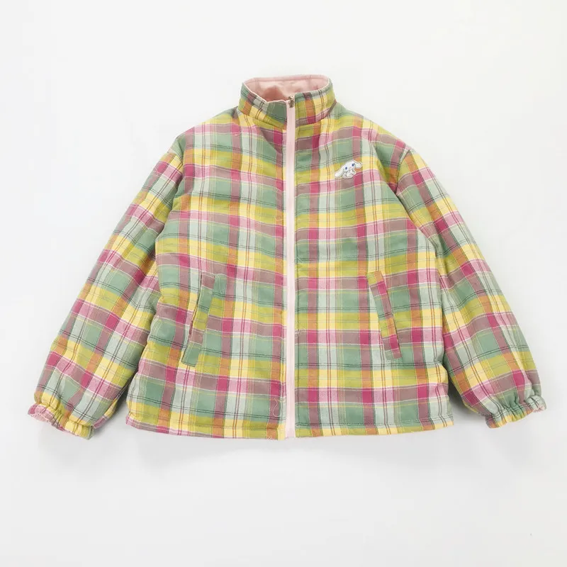 Winter New Preppy Style Rabbit Embroidery Powder Plaid Jacket On Both Sides Wearing Thick Warm Jacket Autumn Women's Cotton Coat