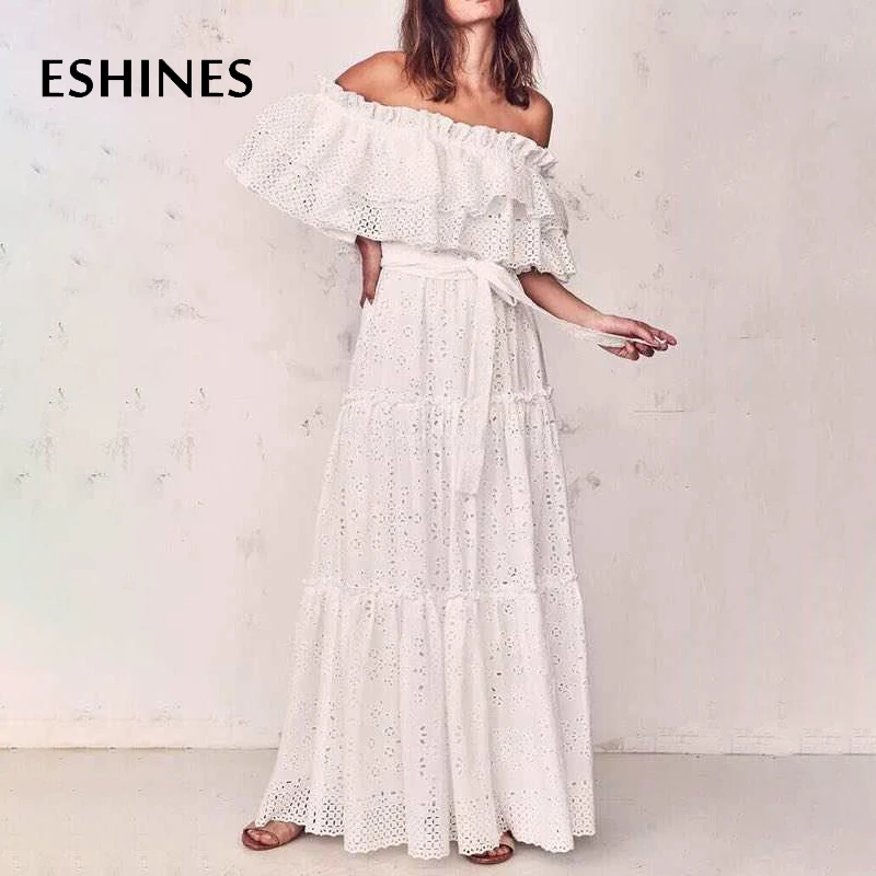 

ESHINES High Quality Summer White Hollow Out Long Dress Elegant Slash Neck Ruffles Simple Dress Vacation Beach Dress