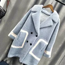 Модное женское кожаное меховое шерстяное пальто двубортное с карманами шикарное длинное пальто с геометрическим узором Осень-Зима Новинка