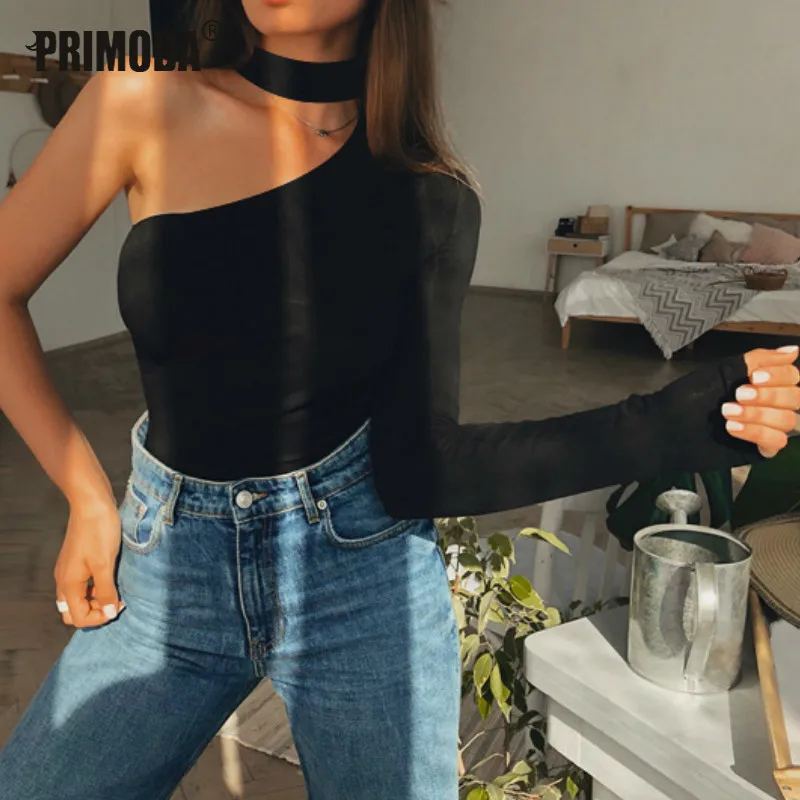 Тела чарующие боди Femme Тощий комбинезон Кнопка Холтер Bodycon Для женщин Повседневное одно плечо черный Боди Вечерние наряды