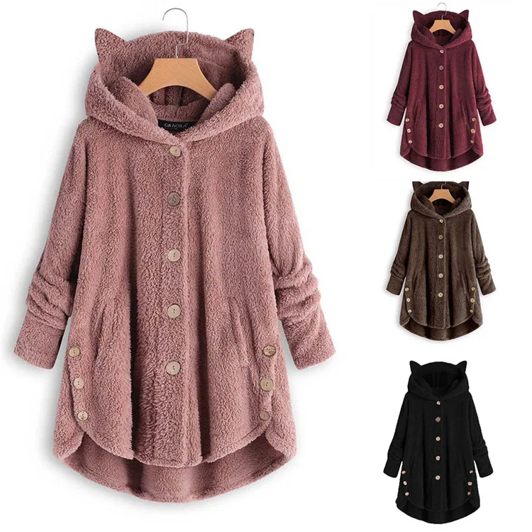 

Autumn and winter 2021 button hooded cat ear Plush top irregular fashion brand solid color coat for women