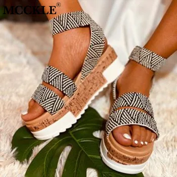 

MCCKLE Woman Summer Platform Crose Strap Slip On Sandals Women PU Casual Shoes Female Border Open Toe Flat Fashion Footwear New