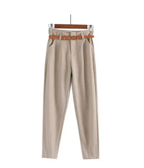 khaki Корейские зимние шерстяные брюки женские новые с высокой тонкой талией с поясом элегантные брюки женские осенние теплые длинные брюки F201 - Цвет: khaki