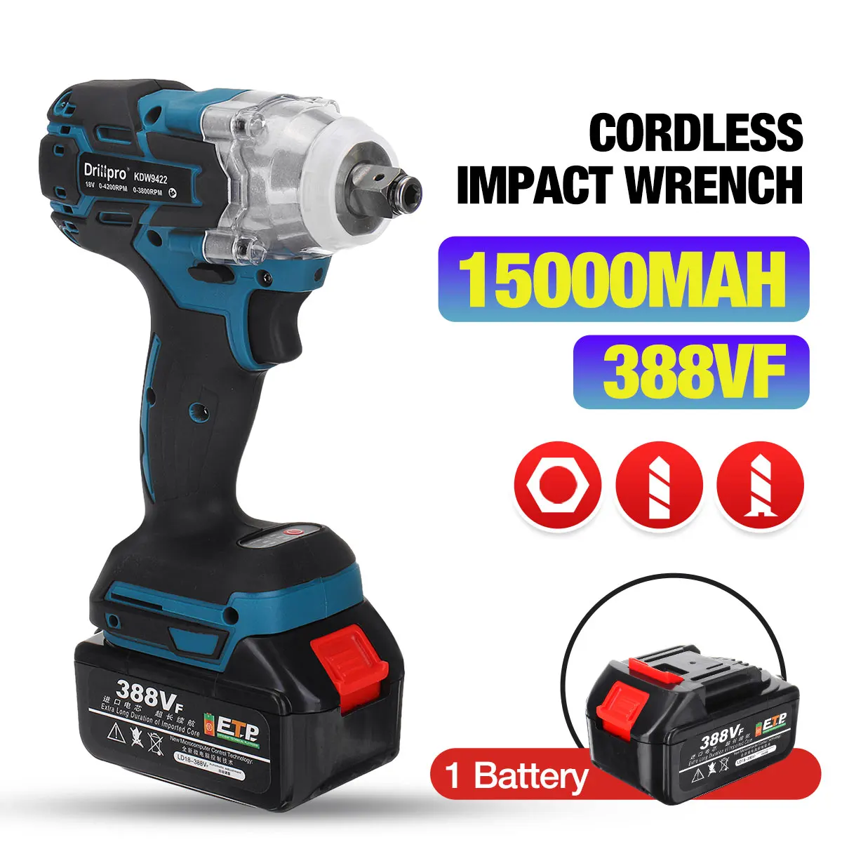 Беспроводной Электрический ударный гайковерт Drillpro 388VF 520N.M электроинструменты
