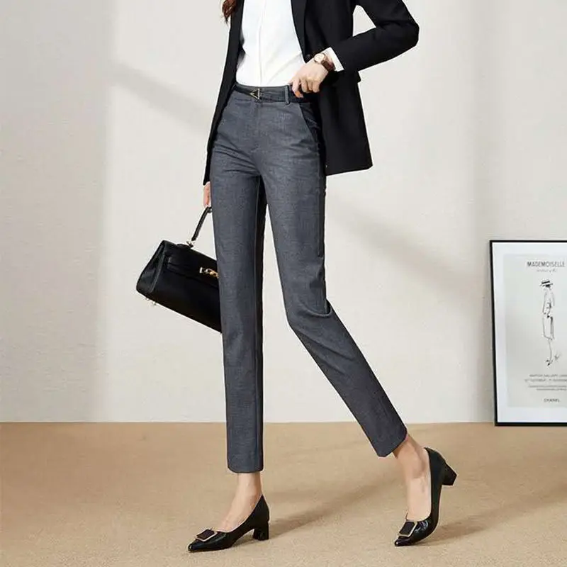 Autumn Winter Gray Suit Pants Women's Office Lady Trousers Professional Work Pants High Waist Ankle-Length Tailored Trousers oversize 34 baggy jeans women high waist wide leg pants washed high street vaqueros ankle length office lady denim trousers