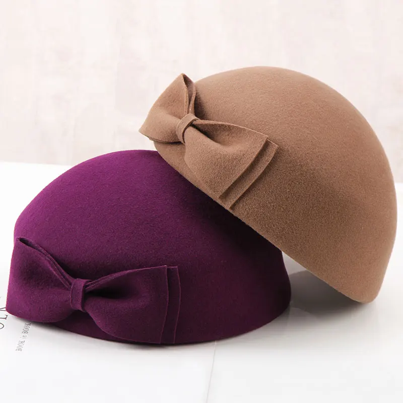 

Brand Autumn Women Bow Beret Cap Pure Wool Felt Fedora Elegant Ladies British Vintage Bowknot Painter Cap Purple Grey Beret Hat